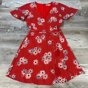 Madewell Red Floral Mini Dress Size 0 – Striped V-Neck Tie Waist Flutter Sleeve